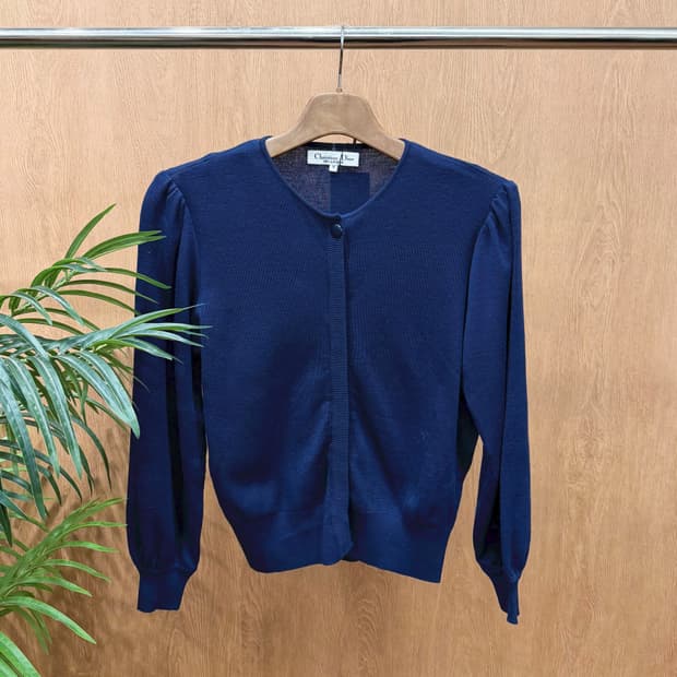 크리스찬 디올 긴팔 니트 가디건 무지 배색 원 버튼 디테일 블루