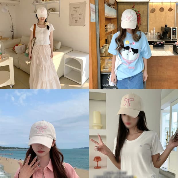 크림베이지 핑크 레터링 프루타 리본 볼캡 모자 