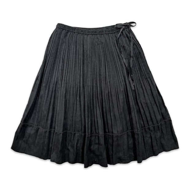 빈티지 블랙 리본 플리츠 플레어 미디 스커트