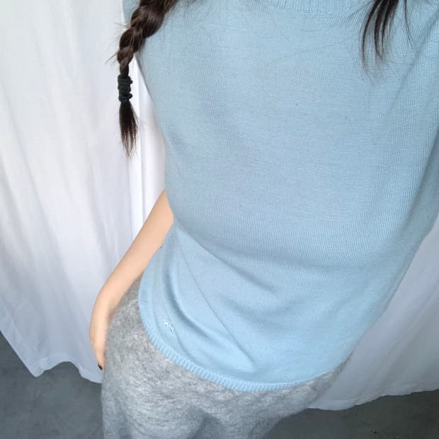 Burberry 버버리 우먼 스카이블루 기마로고 폴라 반팔 니트 