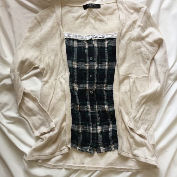 체크 레이스 레이어드 티셔츠