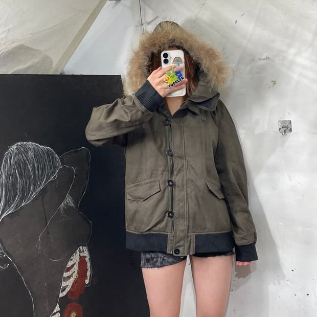 일본빈티지 울프죠 퍼 후드 자켓 점퍼 y2k 크롭 야상 M.