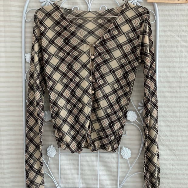 빈티지 아이보리 브라운 아가일 블라우스 886 y2k 스트릿 모리 갸