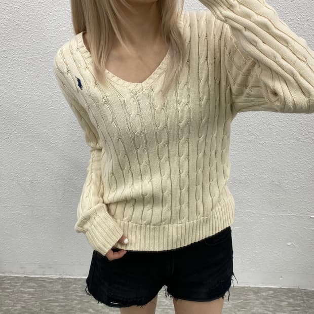 폴로 랄프로렌 화이트포니 아이보리 꽈배기 브이니트 M