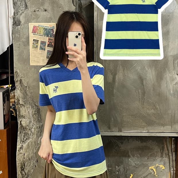 아베크롬비 브이넥 스트라이프 반팔티 블루 L #csz709