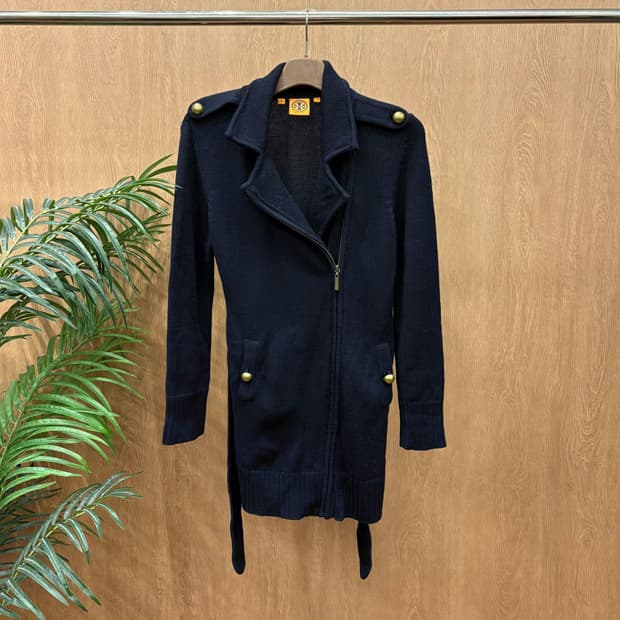 토리버치 롱 니트 가디건 자켓 허리 스트랩 골드 버튼 지퍼 디테일 네이비