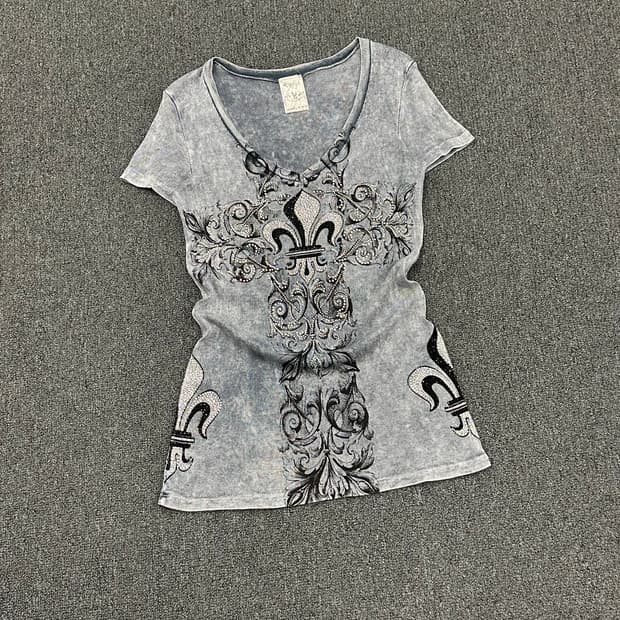 OS)Japanese vintage 여성 문양 비즈 디테일 그레이 반팔 