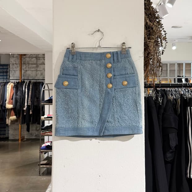 발망 트위드 패널 데님 골드 버튼 미니 스커트