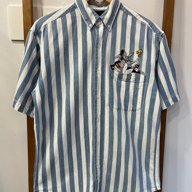 [90s 정품] 워너브라더스 루니툰즈 캐릭터 자수 스트라이프 셔츠