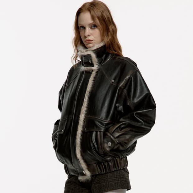 러프넥 워싱 레더 무스탕 자켓 S