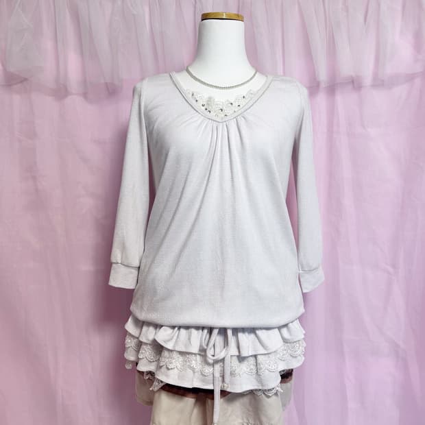 빈티지 화이트 큐빅 리본 튜닉