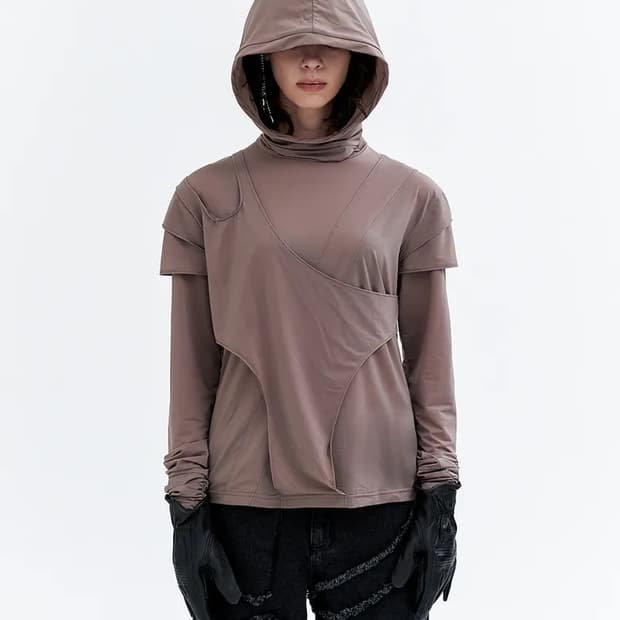 LEEY YEEL CUFFS SHIRRING LAYERED HOODED