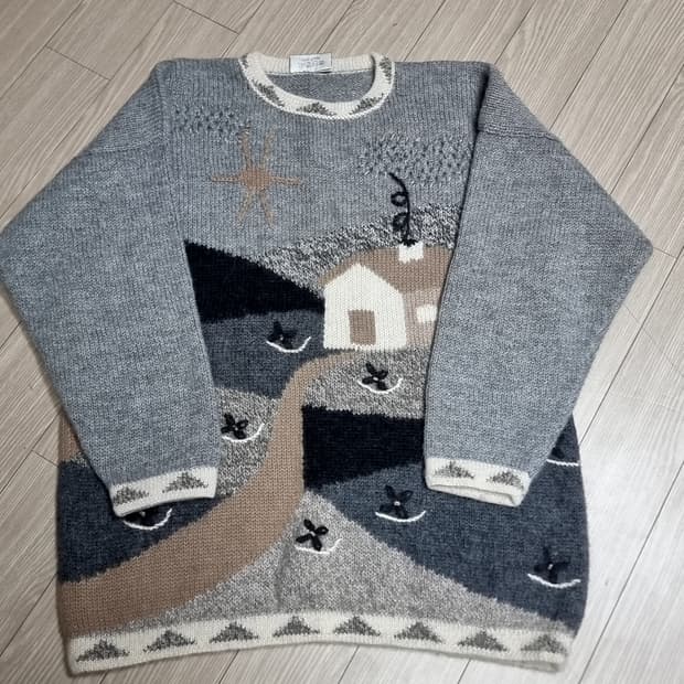 페루제Raffa 100프로 알파카 빈티지 패턴 니트 스웨터 그레이(실측)