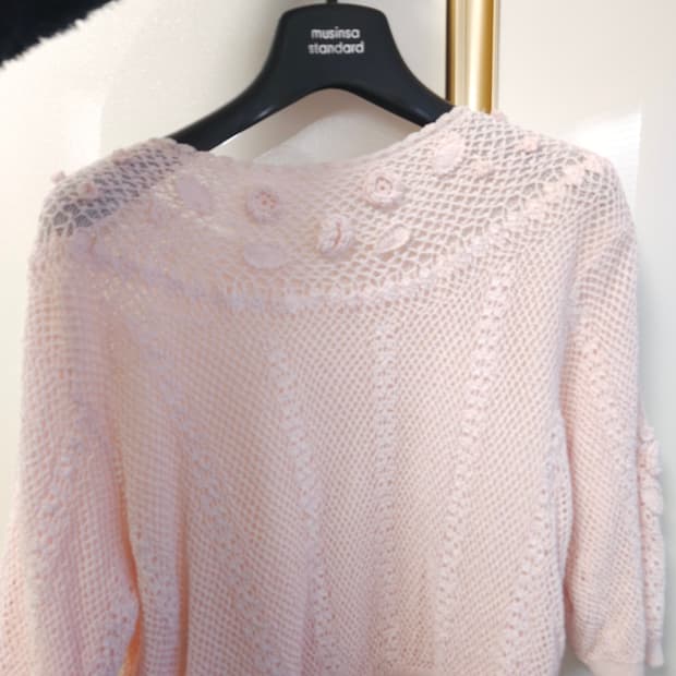 일본 빈티지 크로셰 니트 반팔 긴팔 가디건 핑크