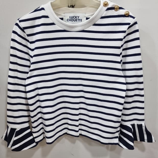 럭키슈에뜨 소매 페블럼 스트라이프 티셔츠 (C825