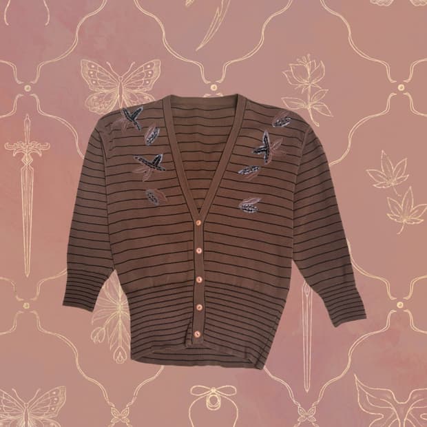 빈티지 브라운 스트라이프 자수 가디건