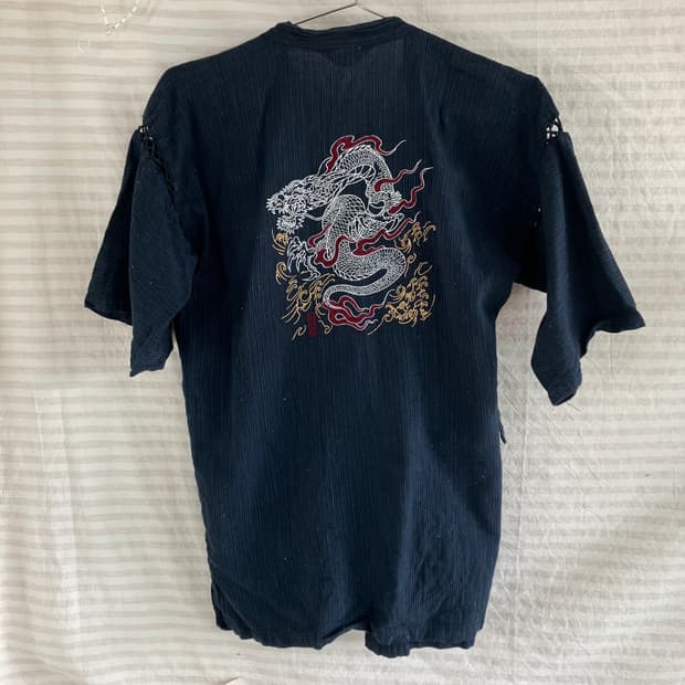 빈티지 린넨 네이비 드래곤 남성 기모노 982 y2k 스트릿 갸루 펑키 