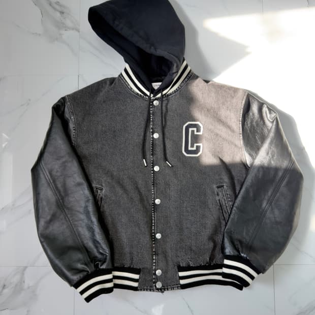 셀린느 C로고 흑청 데님 테디 후드 바시티 자켓 L