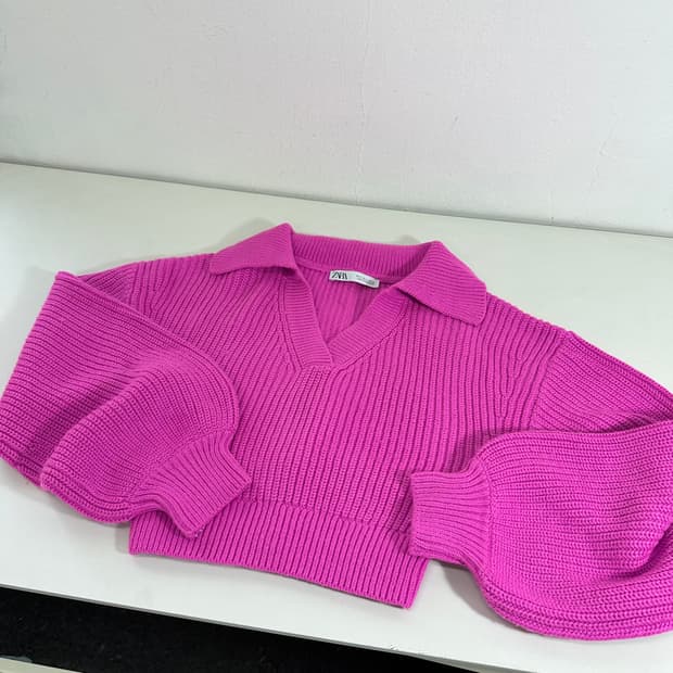 우먼M-L 자라 분홍 브이넥 크롭 카라니트
