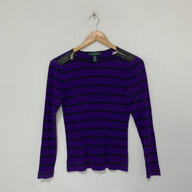 로렌 랄프로렌 지퍼 디테일 스트라이프 펑크 니트 퍼플 여성 S