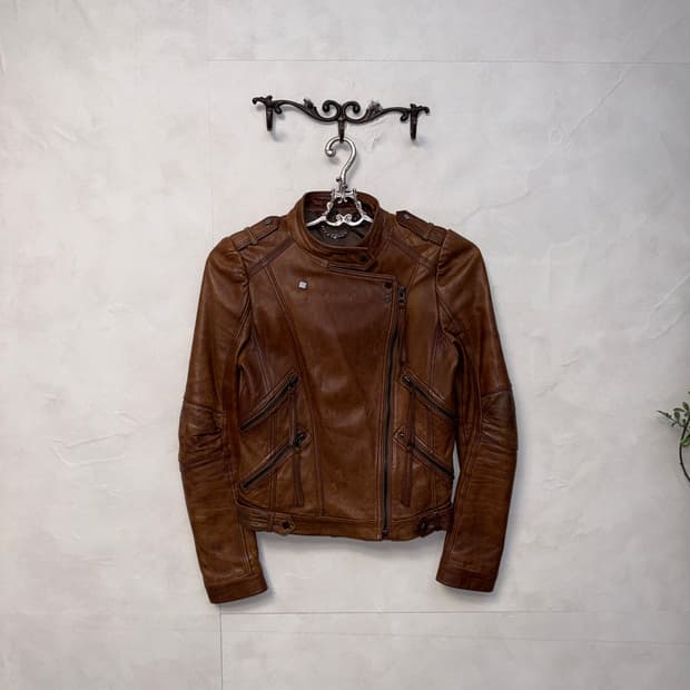 Brown lamb skin shirring zipper jacket 