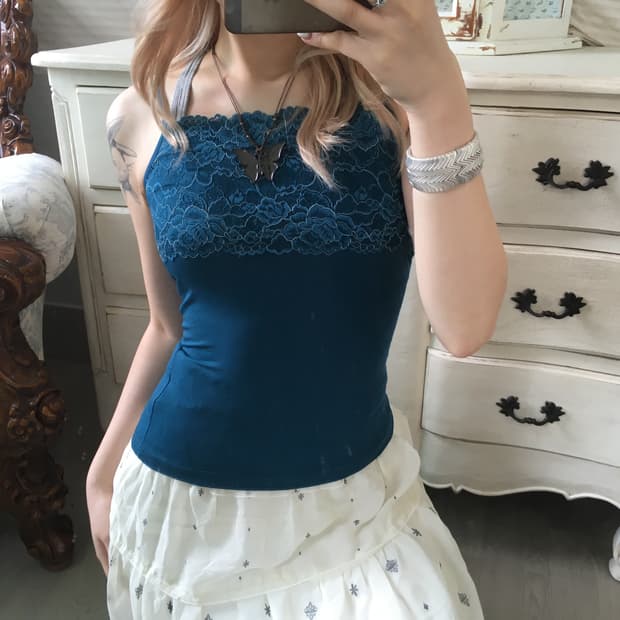 빈티지 청록 레이스 나시