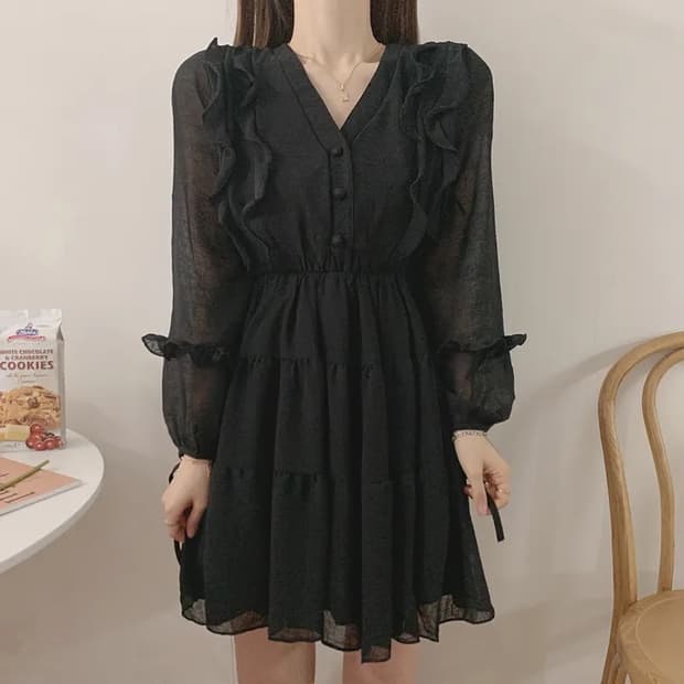피치모어 쉬폰 프릴 원피스 블랙 (새상품)