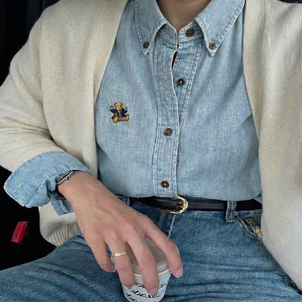 폴로 데님 셔츠 곰돌이 포인트 / 체감 Women's M