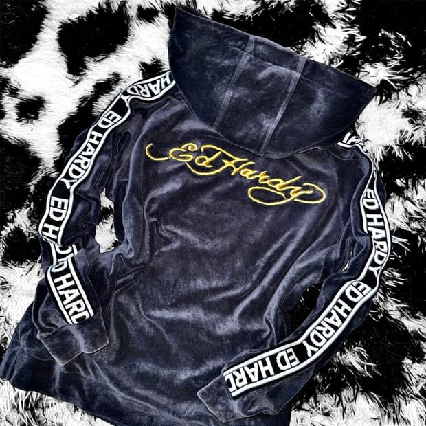 ED HARDY 타이거 벨벳 후드 티셔츠