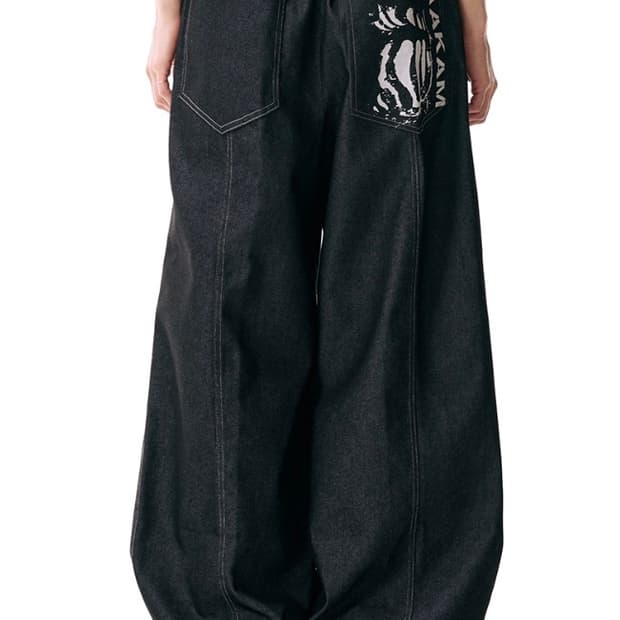 아캄 Knee Pin-tuck Printed Denim Pants