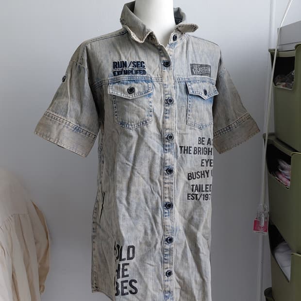 [일본빈티지] 데님 프린팅 반팔 셔츠 원피스