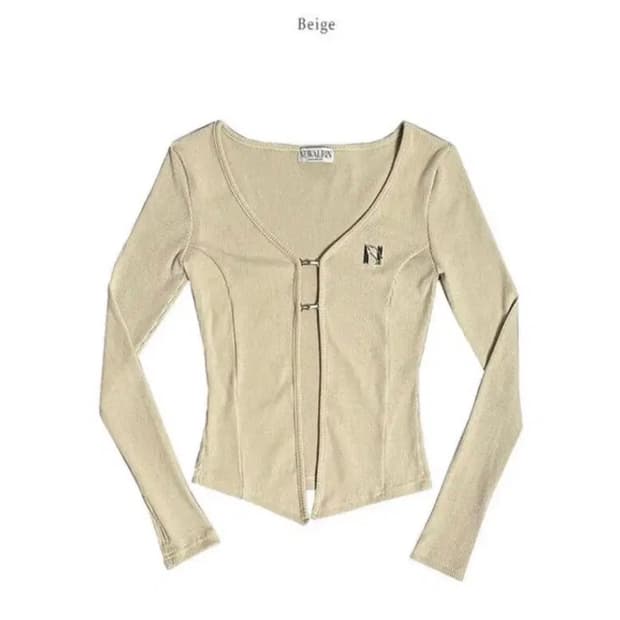 뉴얼린 엠블럼 라인 후크 가디건 베이지