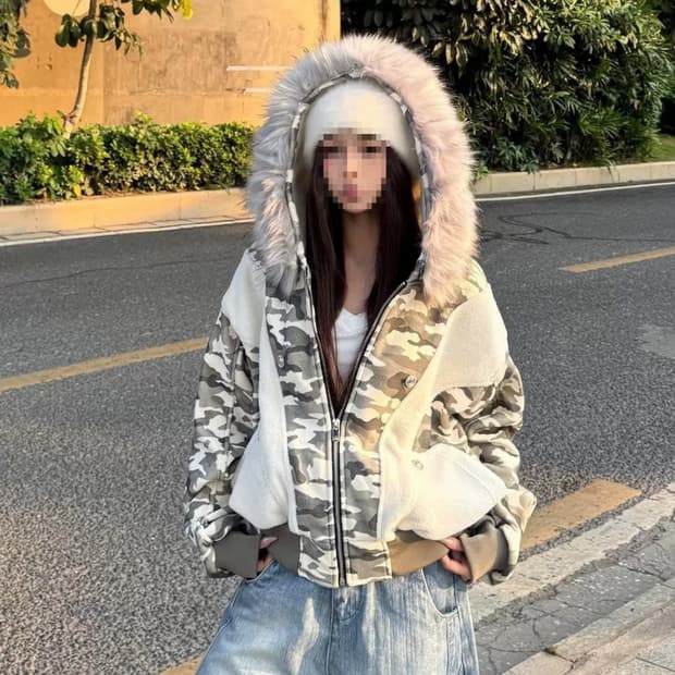 빈티지 카모 퍼 후드 오버핏 자켓