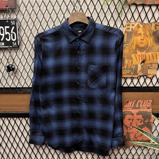 HARE 하레 옴브레 체크 셔츠 전면 원포켓 포인트 블루 블랙
