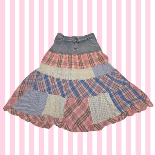 모리걸 하구미 갸루 체크패치 데님 청치마 스커트