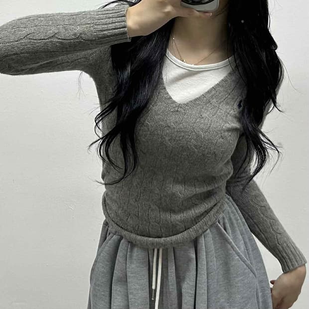 폴로 랄프로렌 울 캐시미어 그레이 브이넥 걸즈 니트(XS)