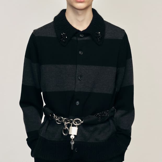 시몬로샤 맨 스트라이프 임벨리시드 퍼지 칼라 럭비 가디건 차콜 블랙 S