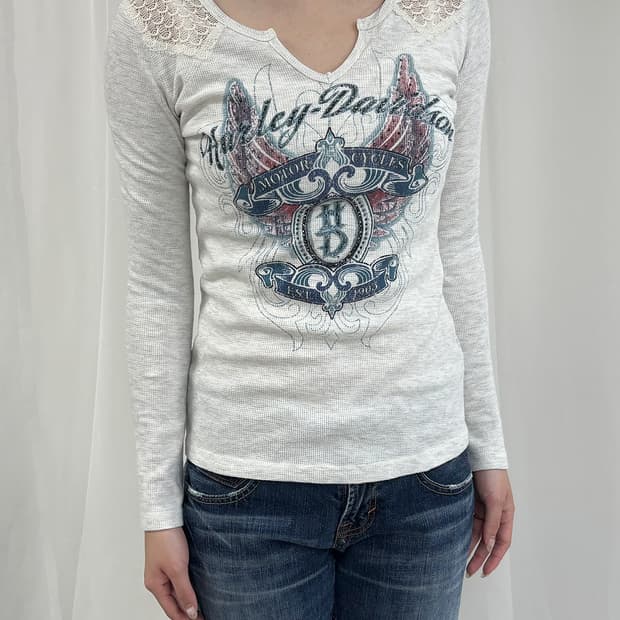 HARLEY DAVIDSON 숄더 레이스 배색 90s 그래픽 와플 티