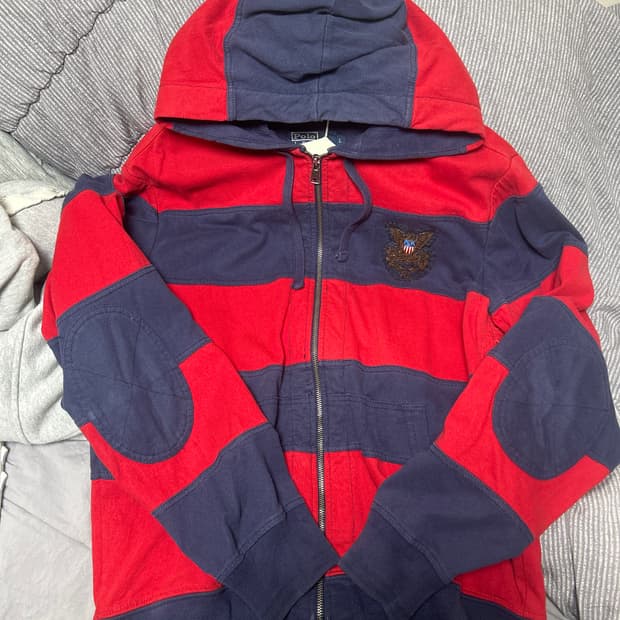 폴로 스트라이프 엘보 패치 니트후드집업