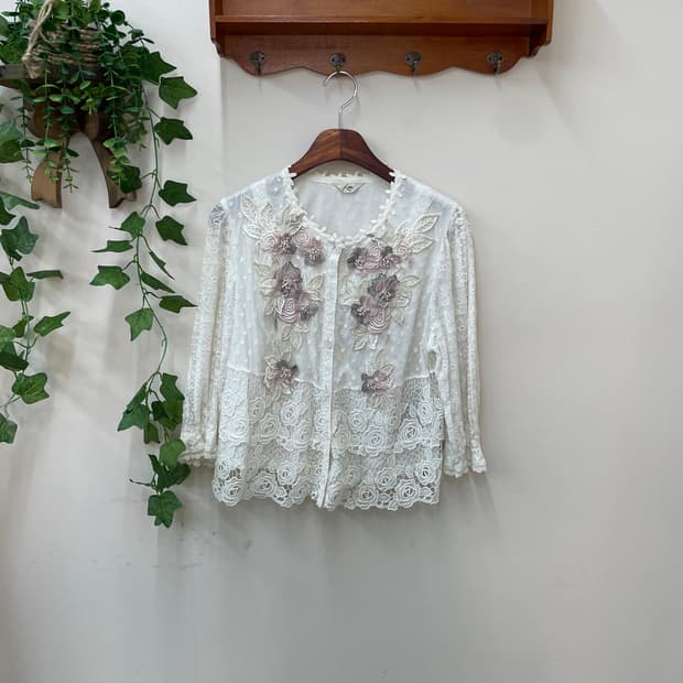 페어리 엔젤 아이보리 플라워 자수 시스루 레이스 가디건