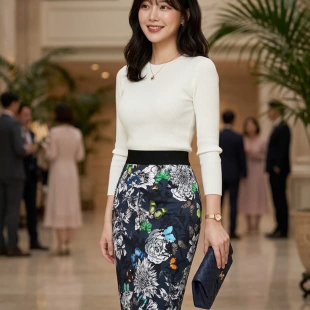 ✨봄하객룩 | 마크케인 플라워 밴딩 미디 스커트 | 날씬핏 코디완성