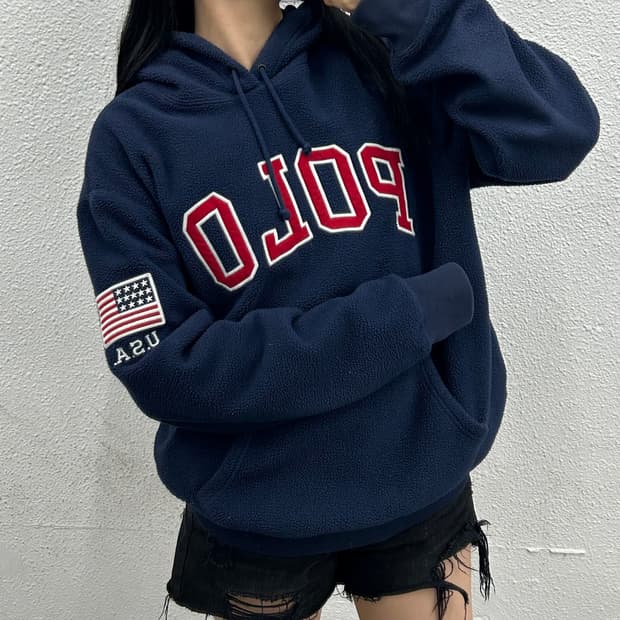 폴로 랄프로렌 사이드 성조기 네이비 뽀글이 후드 L