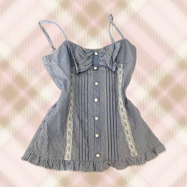 잉그니 스트라이프 리본 레이스 나시 슬리브리스 히메 러블리 로걀 빈티지