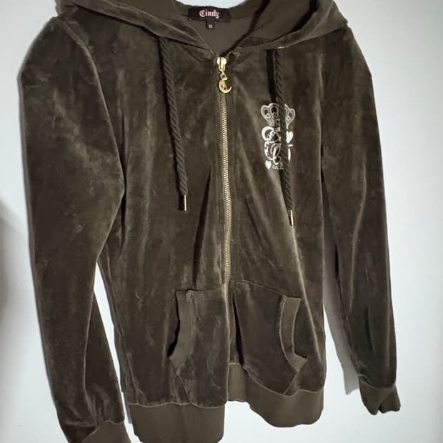 카키 벨벳 후드집업