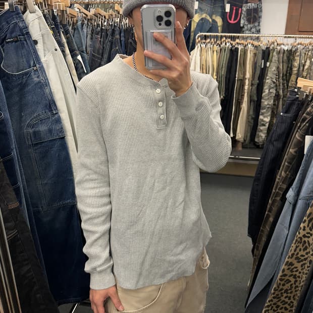 L) Global Work 재패니즈 헨리넥 와플 롱슬리브 긴팔티 