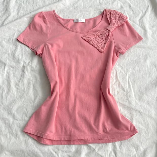 히메갸루 러블리 딱붙 레이스리본 반팔탑