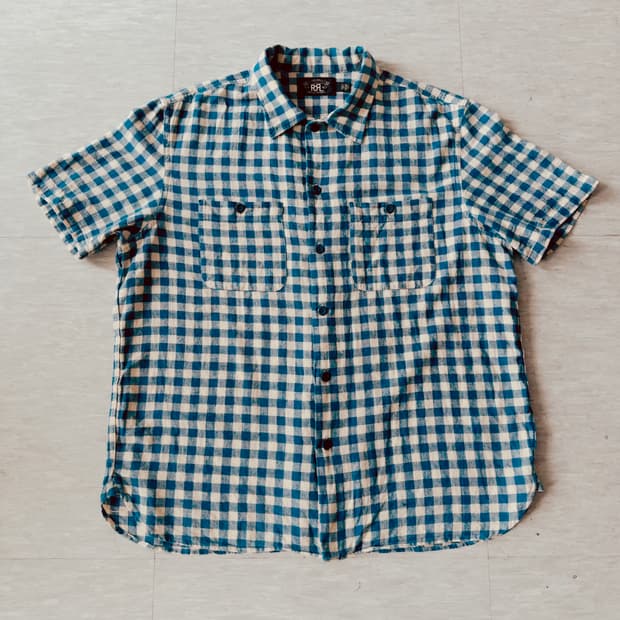 RRL 랄프로렌 린넨 블루 체크 반팔 셔츠 (L)