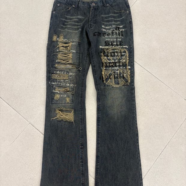 데미지 워싱 패치 데님 팬츠