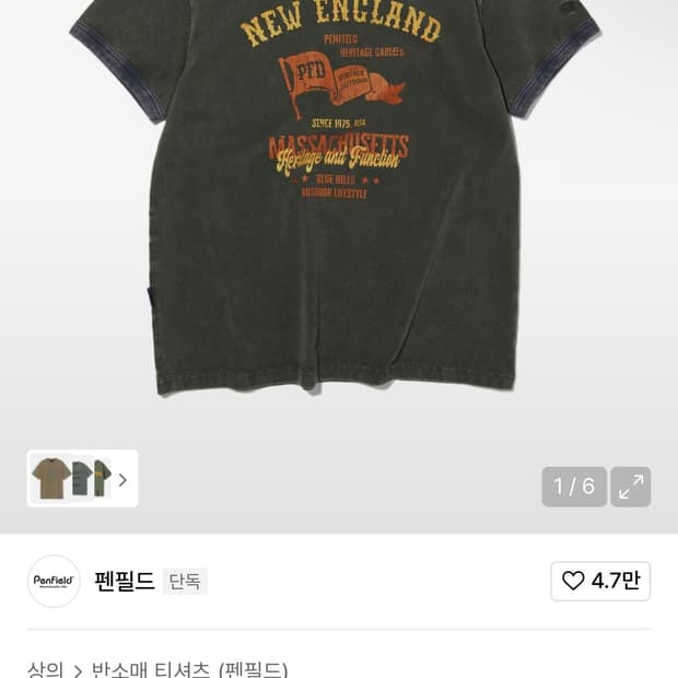 펜필드 뉴잉글랜드 빈티지 그래픽 링거 반팔티 카키