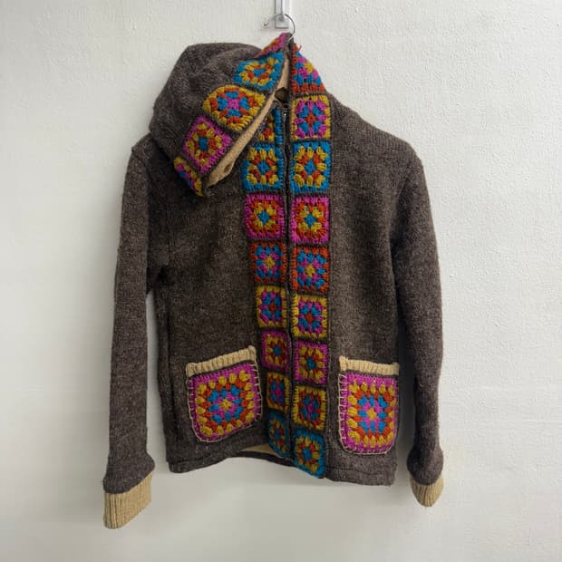 Titicaca 모티브 니트 울 뜨개질 후드집업